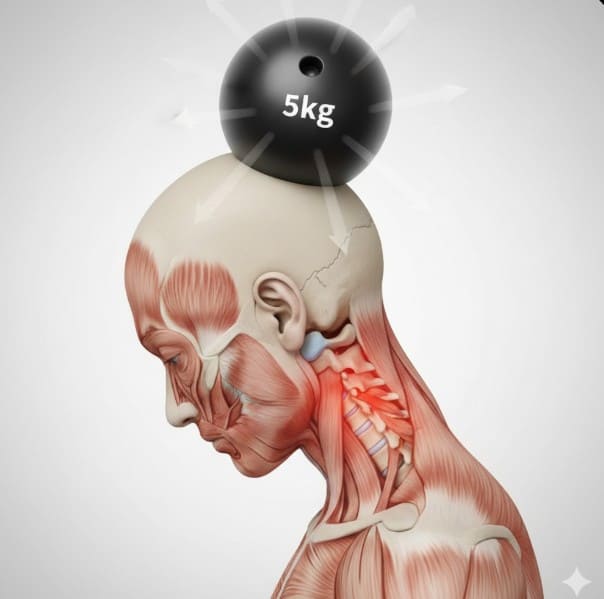 ストレートネックの人が勉強中にかかる頭の重さを表した図