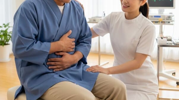 脇腹の痛みに耐える40代の日本人男性。病院で異常なしと言われた肋間神経痛の悩み。