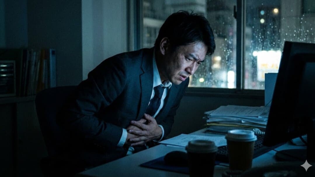 大阪市で胃の痛みに悩む男性が夜のオフィスでデスクにうずくまる様子