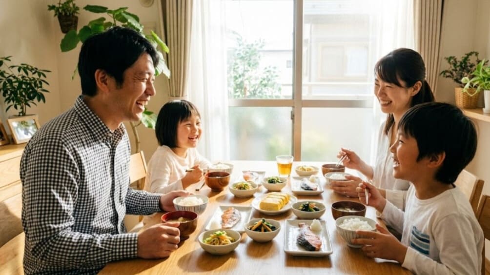 胃の不調が完治し、笑顔で健康的な食事を楽しむ日本人家族の食卓