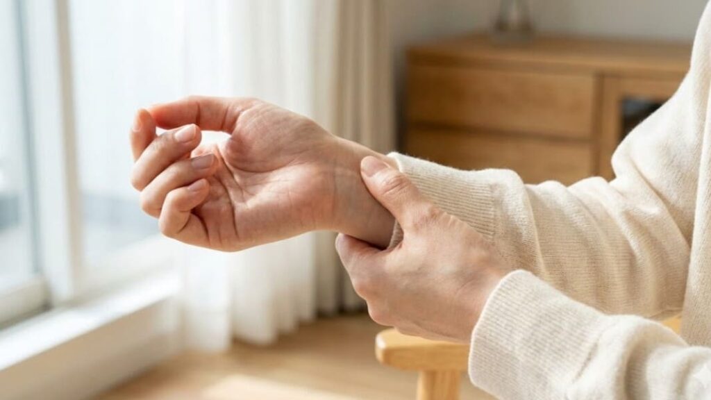 胃の痛み改善のためにリビングで手首のツボ(内関)を押す女性