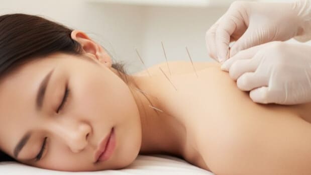 首と肩にストレートネックの鍼治療を受けてリラックスする女性のクローズアップ