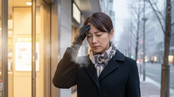 駅から寒い屋外に出て頭痛を感じ額に手を当てる日本人女性会社員