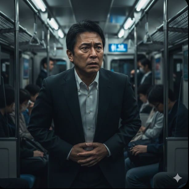 勤電車で腹痛と便意の不安に襲われる潰瘍性大腸炎の男性