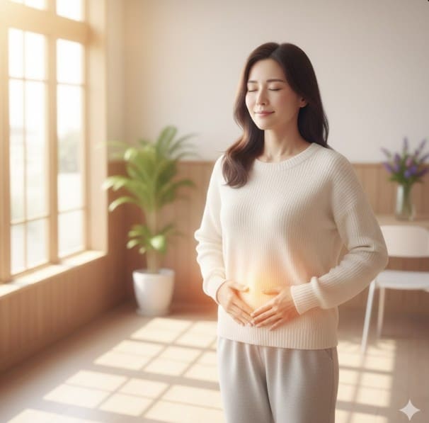 潰瘍性大腸炎を克服しスッキリした顔で、お腹に手を当てて朝を迎える女性