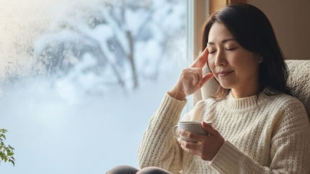 冬の朝、頭痛を感じて窓辺でこめかみを押さえながら温かいお茶を持つ40代日本人女性