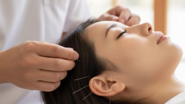 首肩耳周辺への鍼灸施術で内耳への血流を改善し、自律神経を整える様子