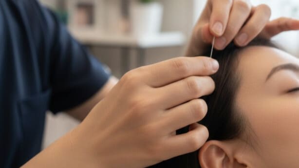 耳周辺のツボに鍼治療を施す鍼灸師と患者