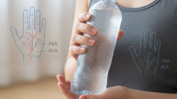 AVA血管冷却法として冷たすぎない水入りペットボトルを両手で握っている様子