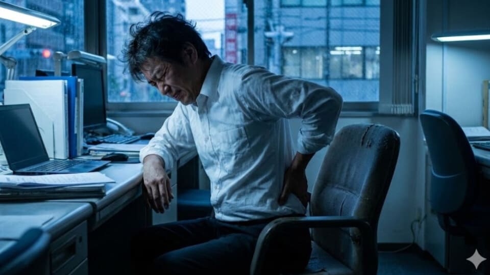 大阪市で慢性腰痛に悩む男性が椅子に座り腰を押さえる様子