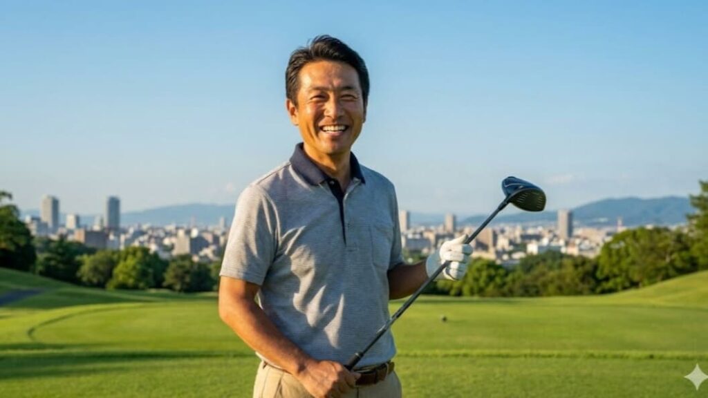 慢性腰痛を完治させ再びゴルフを楽しむ日本人男性の笑顔