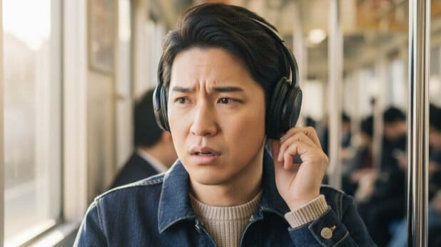 電車内でイヤホンをつけて耳の不調を感じる通勤中の日本人