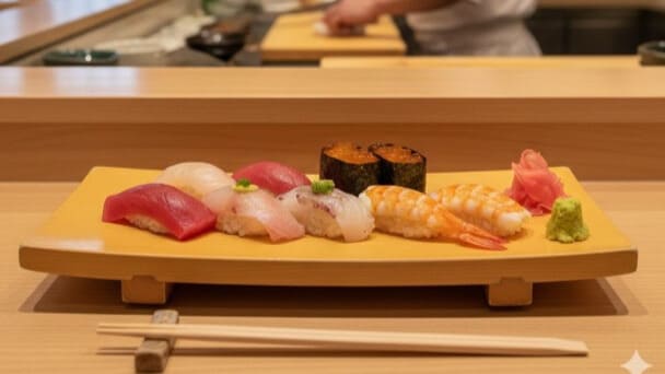 逆流性食道炎でも安心して楽しめる胃に優しいお寿司の盛り合わせ、白身魚とマグロの赤身とエビの握り寿司が木製の皿に美しく並ぶ様子