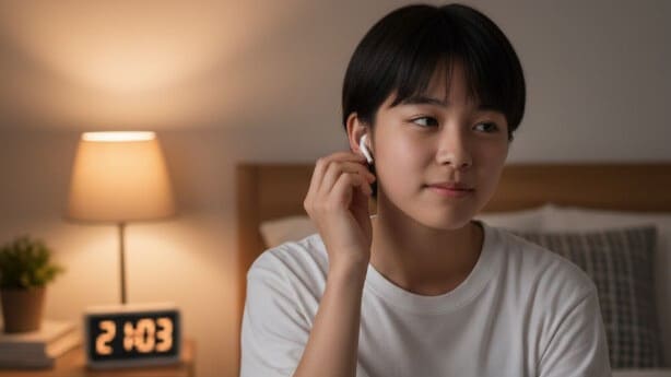 就寝前にイヤホンを外して自律神経を整える中高生