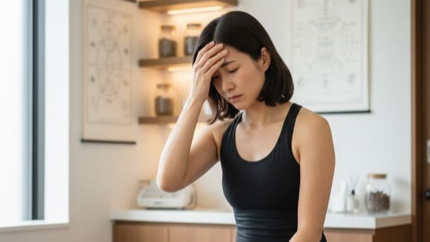 疲労を感じるホットヨガインストラクターの女性が鍼灸整骨院の施術台に座り額に手を当てている様子