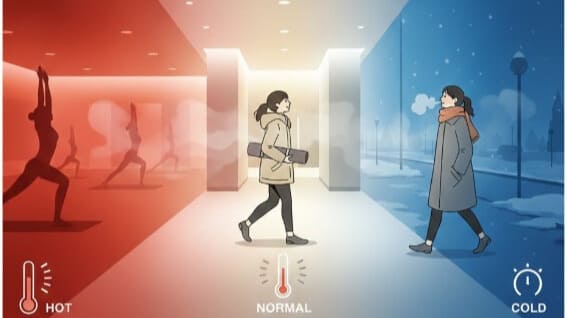 ホットヨガスタジオと屋外の激しい温度差による寒暖差疲労を表現したイラスト