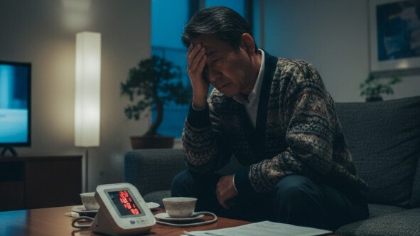 大阪市で高血圧に悩み、血圧計の結果に不安を感じる日本人男性