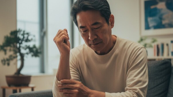 自宅でツボを押しセルフケアをする日本人男性