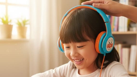 ボリュームリミッター付きキッズ用ヘッドホンを使用する子供と見守る親