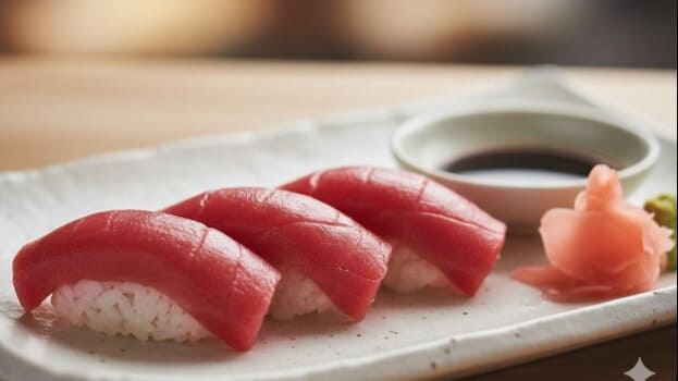 新鮮なマグロの赤身握り寿司のクローズアップ、高タンパク低脂質で逆流性食道炎に最適なネタ