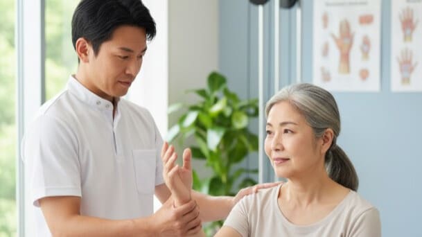 整形外科のリハビリテーション治療を受ける患者と理学療法士