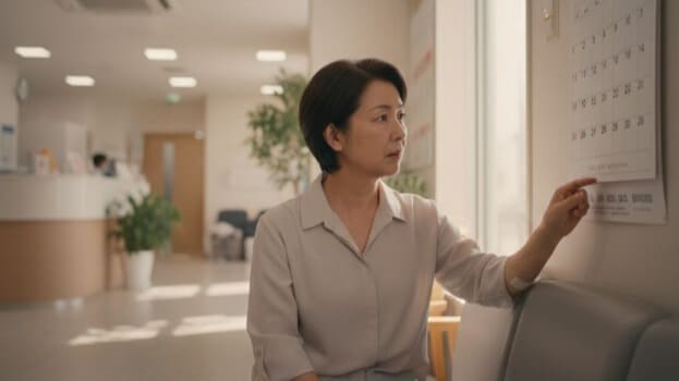 リハビリ期間について不安を抱える患者の待合室での様子