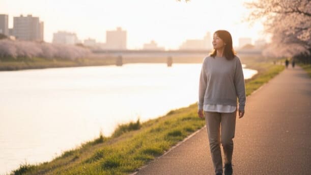 食後に淀川沿いを穏やかに散歩する人の様子、大阪の夕暮れ時の風景、健康的な食後習慣
