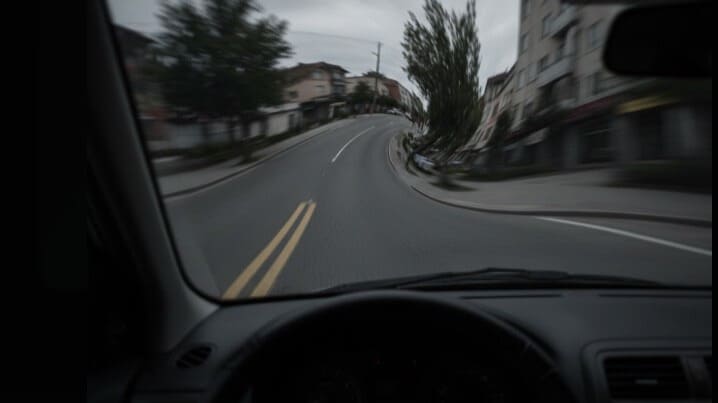 めまいによる視界の歪みと回転。運転が極めて危険な状態を表現。