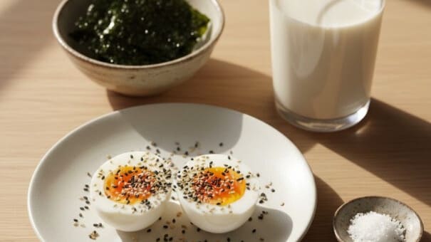亜鉛とマグネシウムを効率的に摂取できるゆで卵とすりごまの朝食