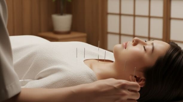 穏やかな治療室で施術着を着てリラックスした表情の若い女性患者。鍼灸師の手元が首元に丁寧に鍼を施している様子。鍼灸による自律神経ケアを表現した画像