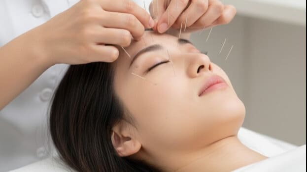 花粉症予防のための鍼灸治療を受ける日本人女性患者と鍼灸師