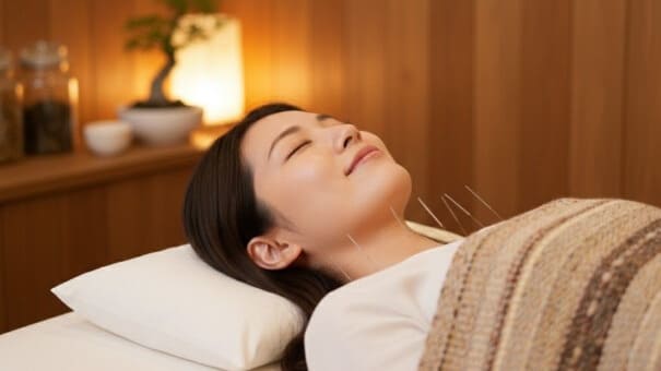 鍼灸治療室でリラックスして仰向けになる日本人女性、首と肩に鍼が施され穏やかな表情で身体の緊張が緩んでいる様子
