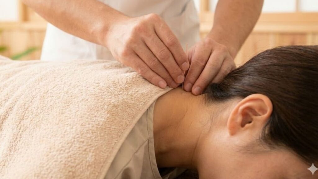 浜崎鍼灸整骨院の院長による、首の緊張をほぐす鍼灸治療の様子。患者様がタオルで覆われリラックスして施術を受けている穏やかな写真。