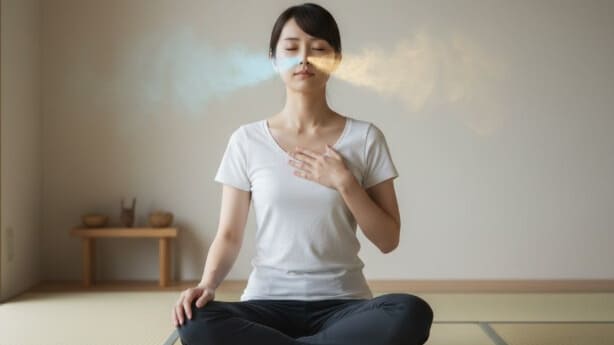 静かな空間で深呼吸をする日本人女性、青い光で吸う息、金色の光で吐く息を表現した呼吸法のイメージ