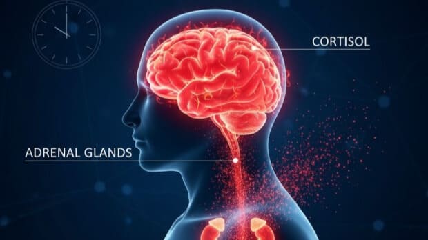 夜間に覚醒している脳内のストレスホルモン分泌を表現した医学的イラスト、赤く光る脳と副腎