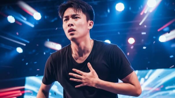 激しいダンスパフォーマンス中に胸に手を当て、息切れする日本のアイドル。心拍数の上昇とパニック発作の関係性を示す画像
