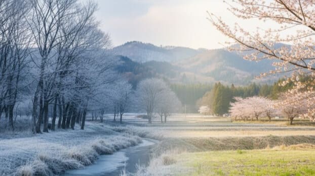 東洋医学の腎から肝への季節の移行を表現した冬から春への自然の風景