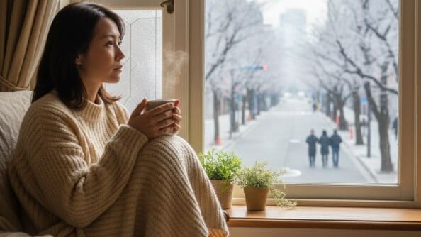 2月の大阪で寒暖差に悩む日本人女性が温かい飲み物を持ちながら窓の外を見つめる様子