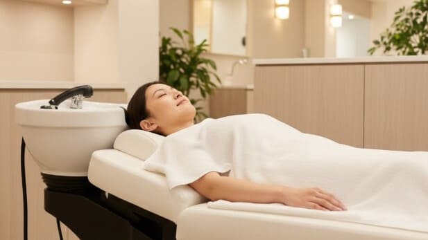 フルフラット式シャンプー台でリラックスする日本人女性、首の負担が少ない理想的な美容院設備