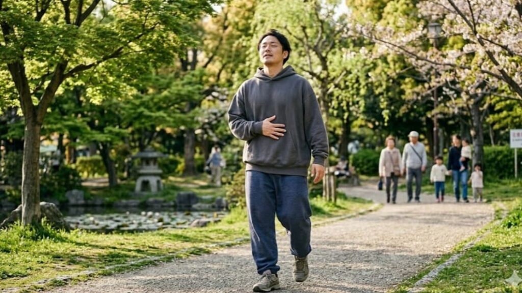 公園で、ゆったりとしたスポーツウェアを着て、静かに有酸素運動(ウォーキング)をする30代日本人男性。