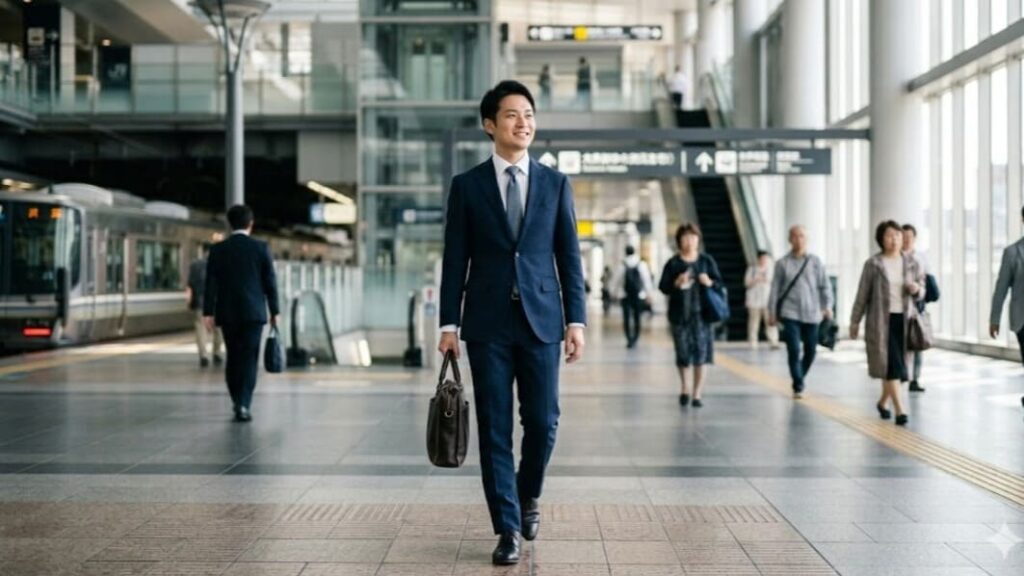 都会の街並みで、自信を持って微笑む30代日本人男性の営業マン。パニック障害を克服し、自分らしさを取り戻した姿。