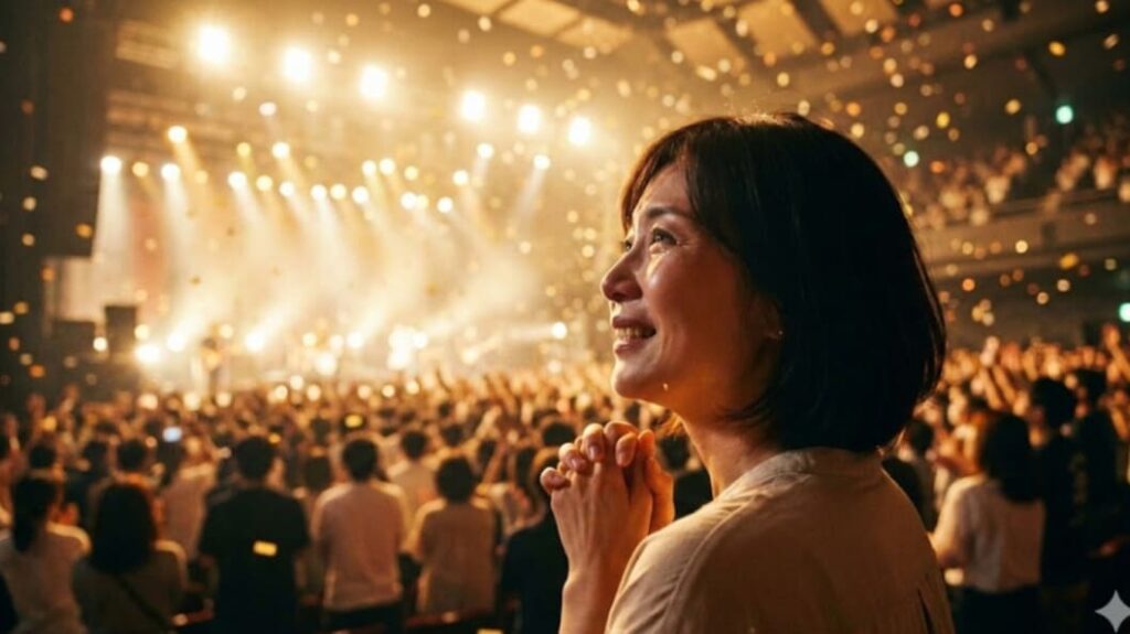 ライブ会場で、希望に満ちた表情で涙を浮かべながらステージを見つめる40代日本人女性の後ろ姿。温かい金色の照明と紙吹雪に包まれた感動的なシーン。