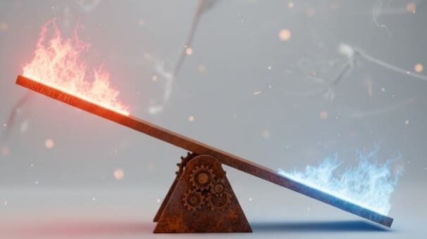 交感神経と副交感神経のバランスを表現したイラスト、シーソーが傾いて不安定な状態を示す図