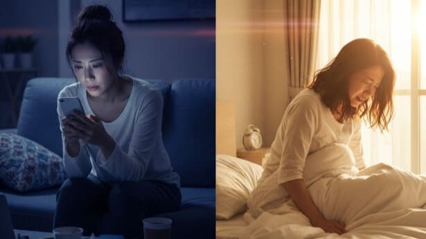 夜遅くまで起きている日本人女性が疲れた表情でスマートフォンを見ている様子と、翌朝ベッドで重い身体を起こせず苦しんでいる様子の対比