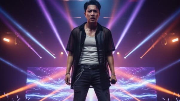 スポットライトを浴びるステージ上で、不安そうな表情を浮かべる若いアジア人男性パフォーマー。華やかなステージの裏側にある心理的重圧を象徴する画像