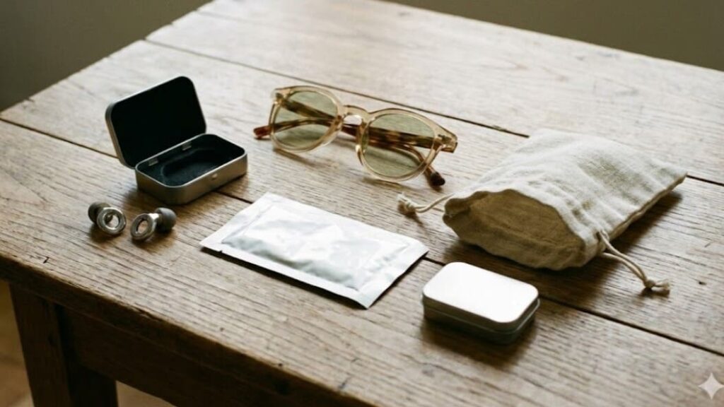木製のテーブル上に整然と並べられたライブ用対策グッズ一式。高性能耳栓とケース、薄い色のサングラス、個包装の冷却ジェルシート、強力ミントタブレットの缶、布製ポーチが写った静物写真。