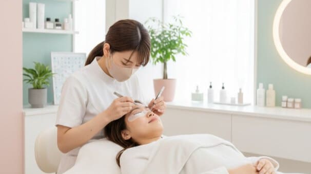 明るく清潔なマツエクサロンでリラックスして施術を受ける日本人女性とプロフェッショナルなアイリスト