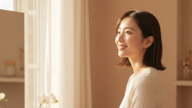 朝の光の中、鏡の前で美しいまつ毛を見て微笑む日本人女性、自信と希望に満ちた表情でパニック障害を乗り越えた喜び