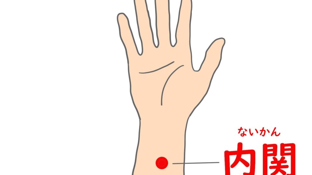 手首の内側にある内関のツボを。