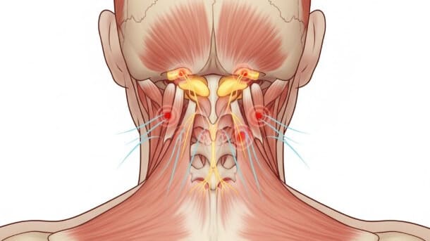 首と肩の後頭下筋群の緊張を表す医療イラスト、自律神経のセンサーとしての筋肉の役割を示す解剖図
